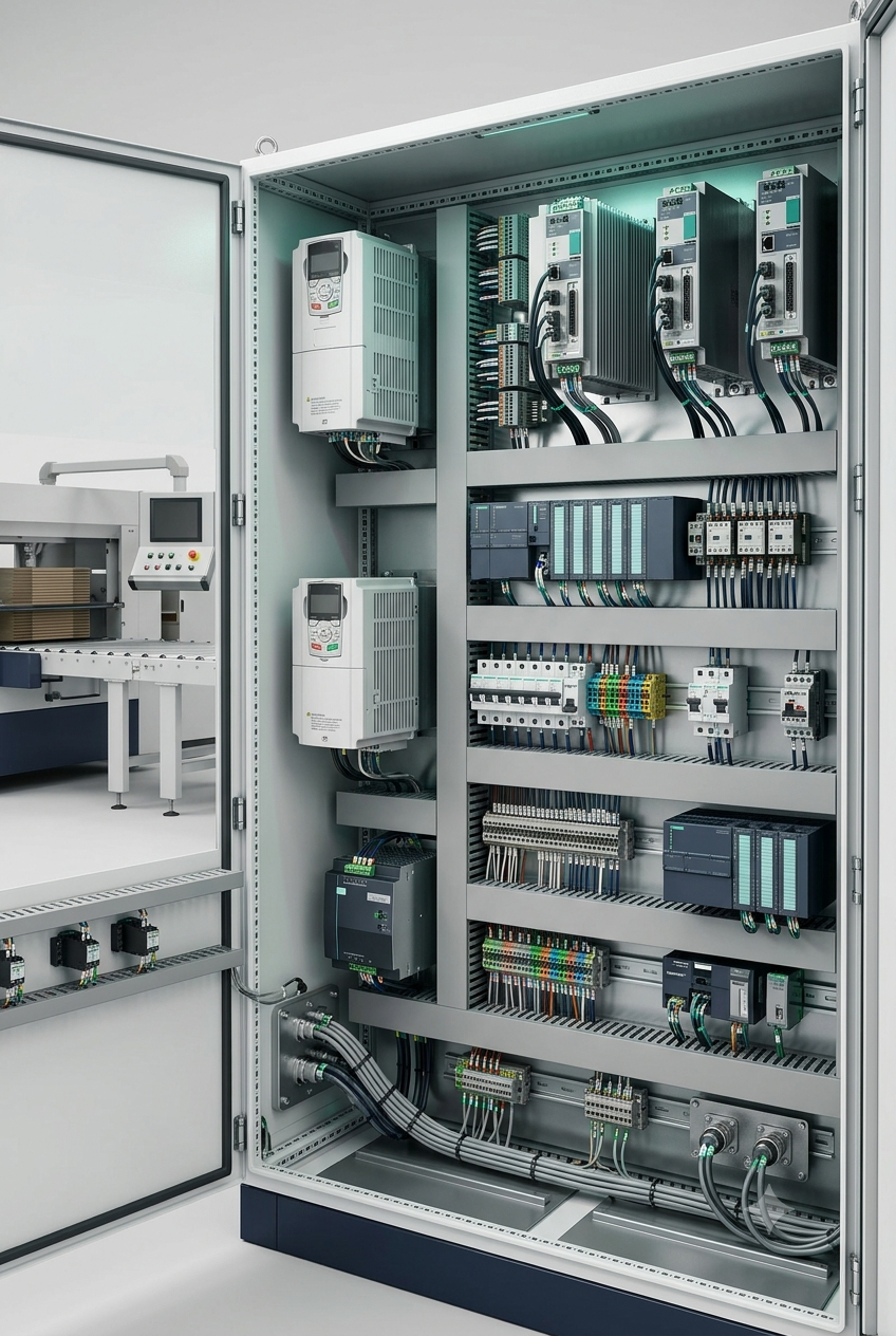 Modern Industrial Control Cabinet with Drives and Organized Wiring