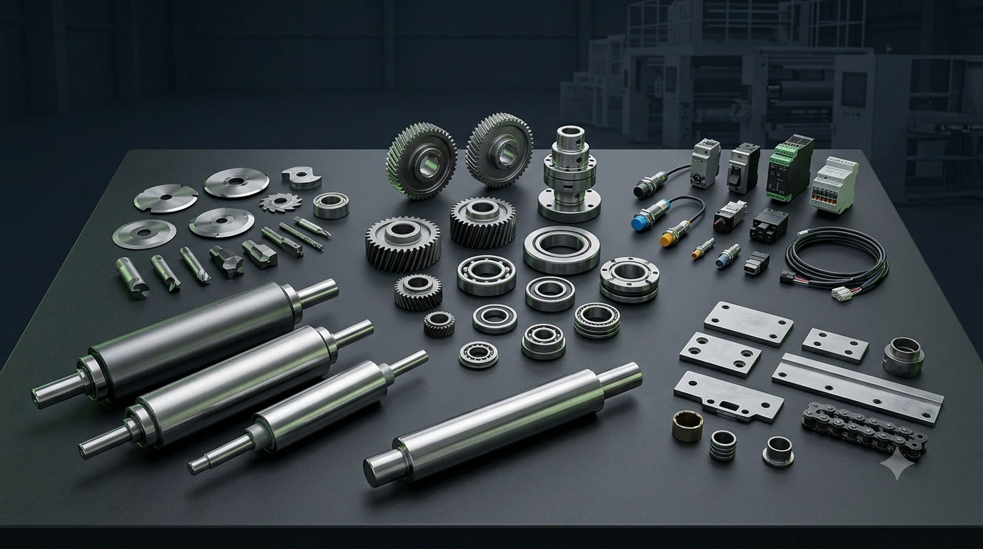 Studio arrangement of industrial rollers, guides, mechanical and electrical converting spares