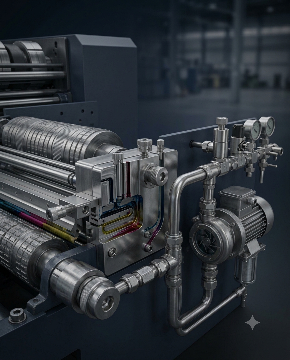 Flexo ink circulation pumps and doctor blade assemblies