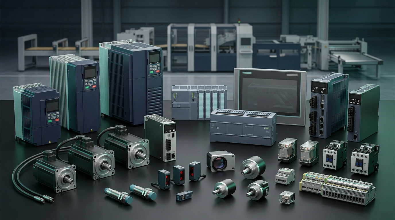 Studio arrangement of industrial AC drives, servo motors, PLCs and sensors