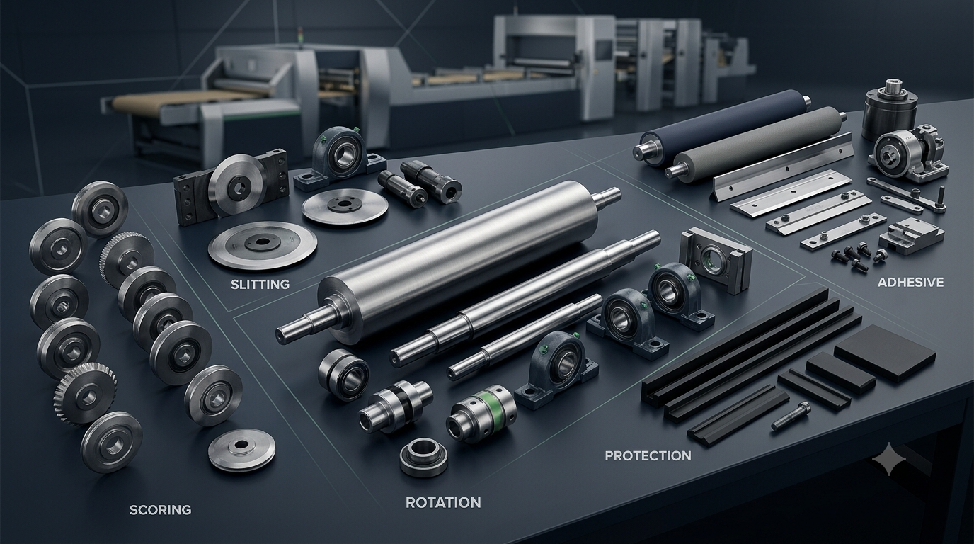 Studio arrangement of scoring wheels, slitting knives, rollers, bearings, and glue system parts