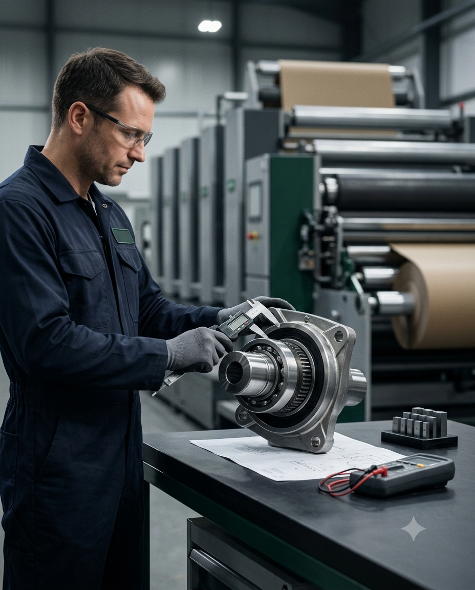 Engineer inspecting converting machinery spare part component