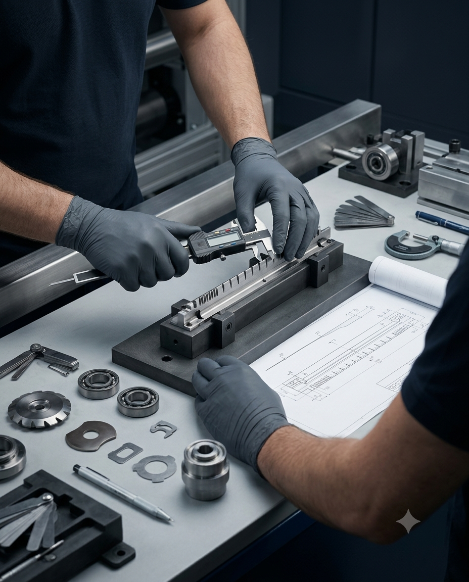 Industrial engineer inspecting flexographic machine parts