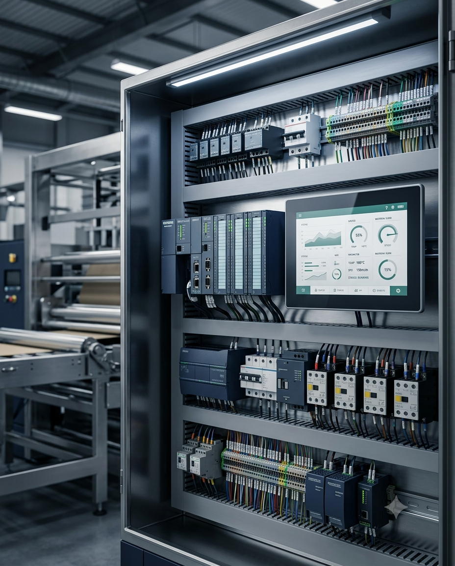 Modern Industrial Control Panel, PLC System and HMI Interface