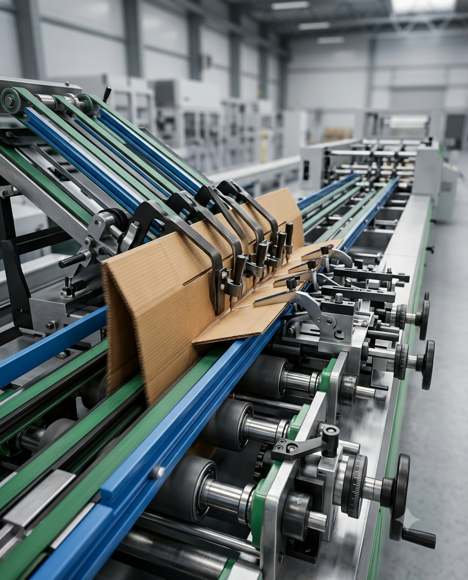Folder-gluer machine folding and adhesive mechanisms
