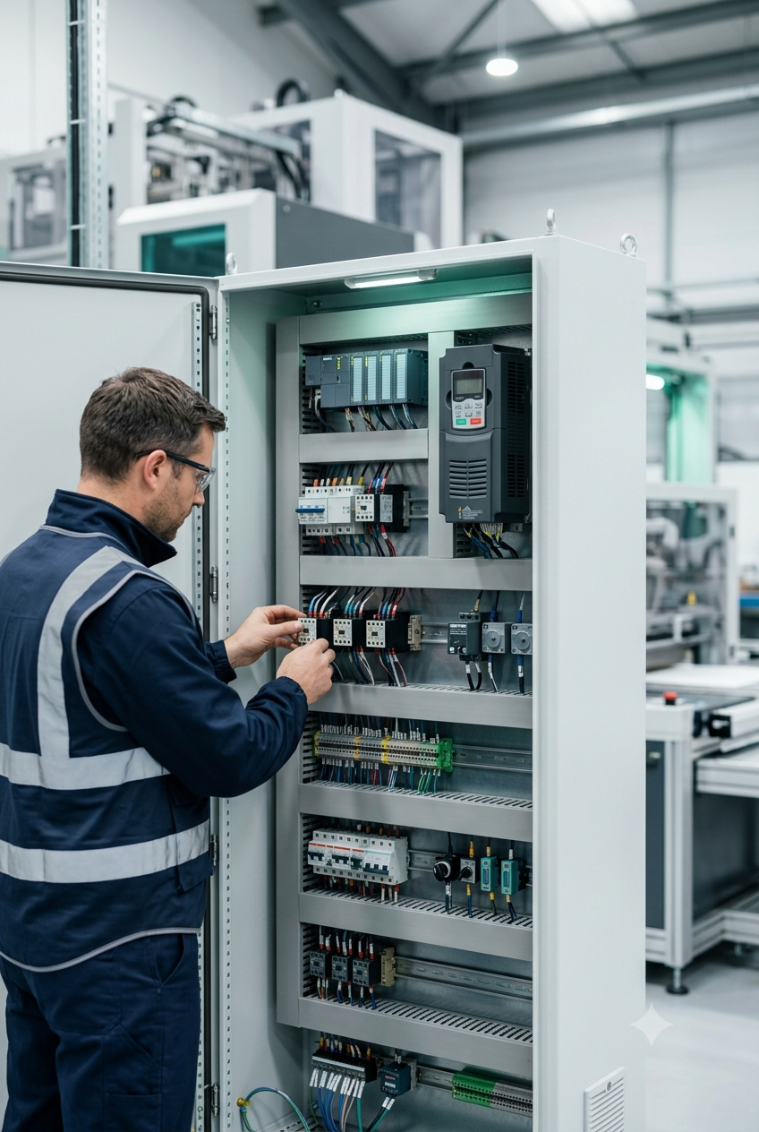 Industrial engineer examining control panel electrical components