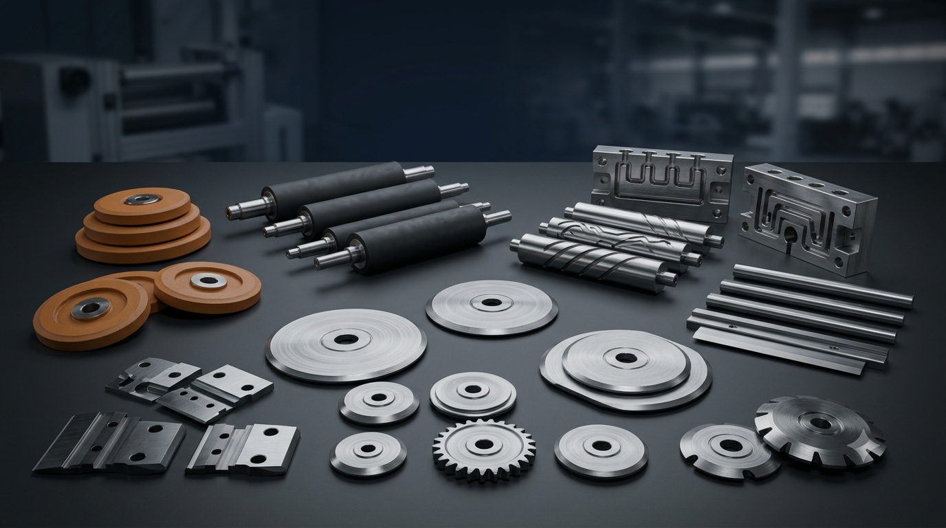 Cinematic studio arrangement of flexographic spare components