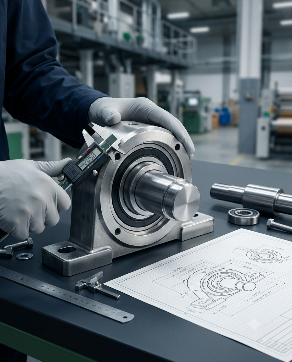 Industrial engineer inspecting corrugating machinery parts